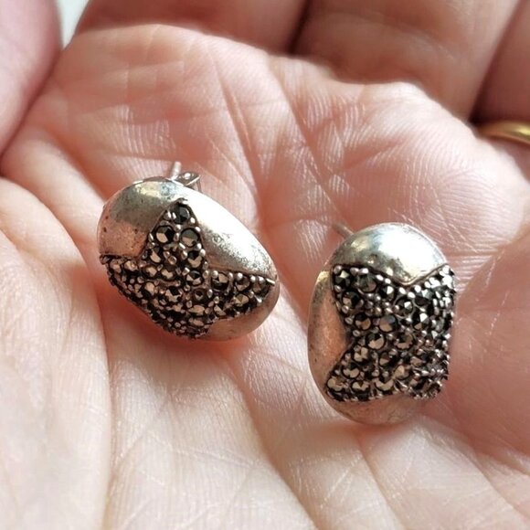 Vintage 925 silver & Marcasite oval earrings - Picture 2 of 9